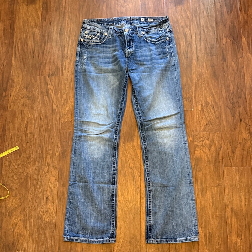 Miss Me Light Blue Distressed Denim, Boot Cut, Slight Stretch, 34” Inseam